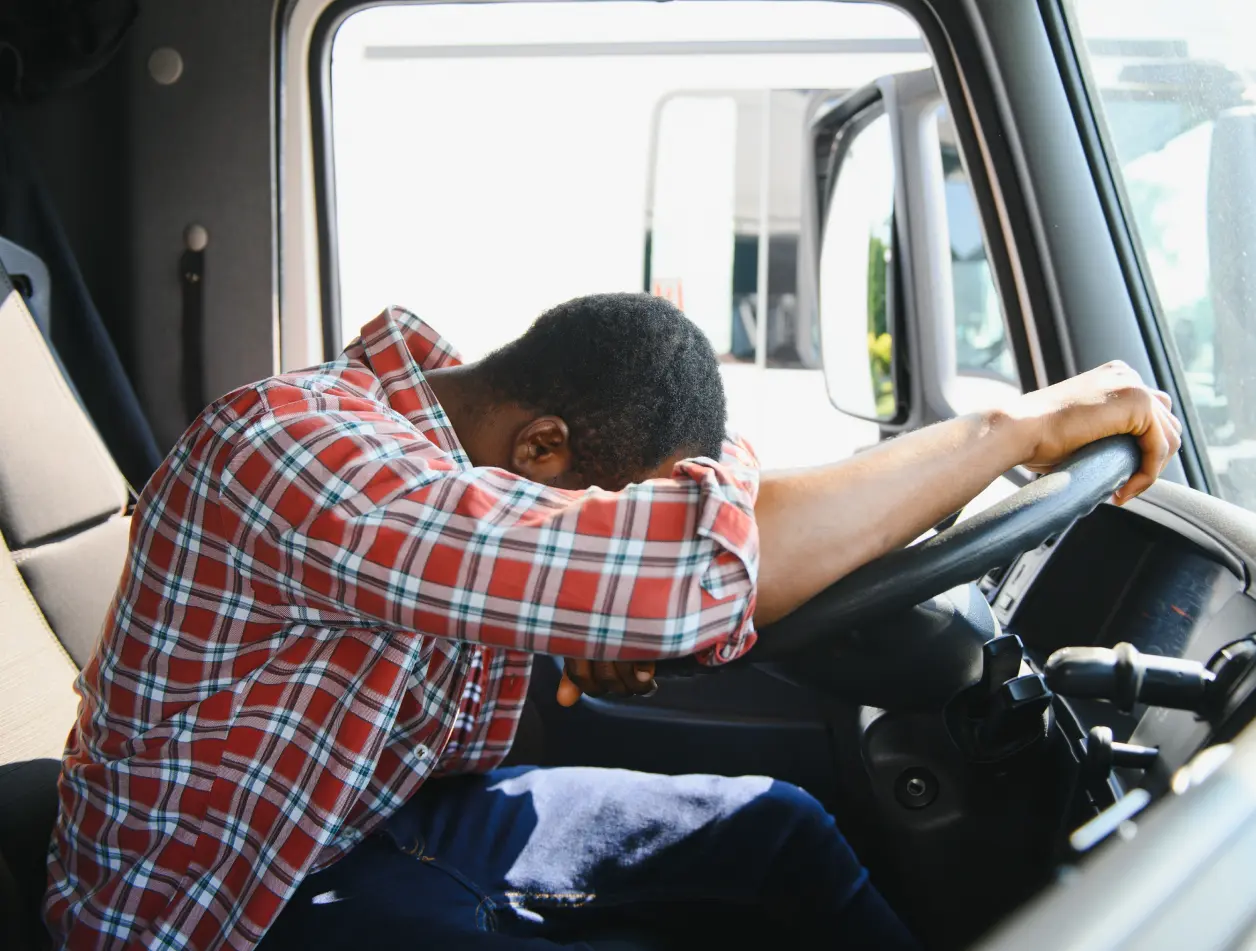 tired work sitting cabin young african american truck driver is withbhis vehicle